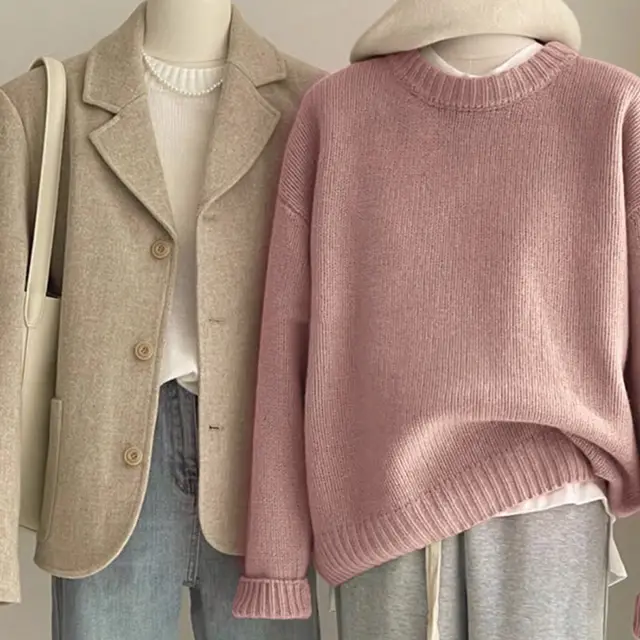 Loose Idle Style Sense Of Relaxation Round Neck Base Inner Sweater Pink - Shop at LoveMi
