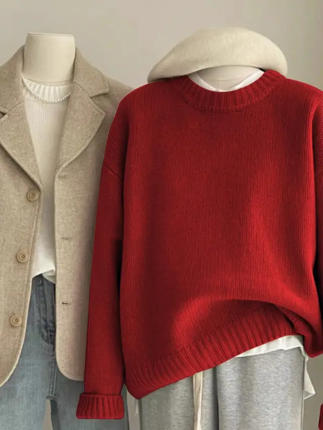 Loose Idle Style Sense Of Relaxation Round Neck Base Inner Sweater Red - Shop at LoveMi