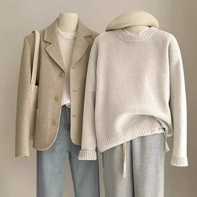 Loose Idle Style Sense Of Relaxation Round Neck Base Inner Sweater White - Shop at LoveMi