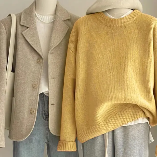 Loose Idle Style Sense Of Relaxation Round Neck Base Inner Sweater Yellow - Shop at LoveMi