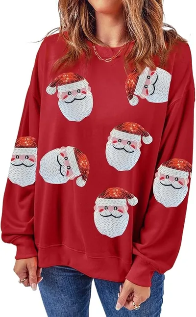 Santa Claus Sequins Festival Casual Long Sleeve Sweatshirt Red Big Santa Claus Head - Shop at LoveMi