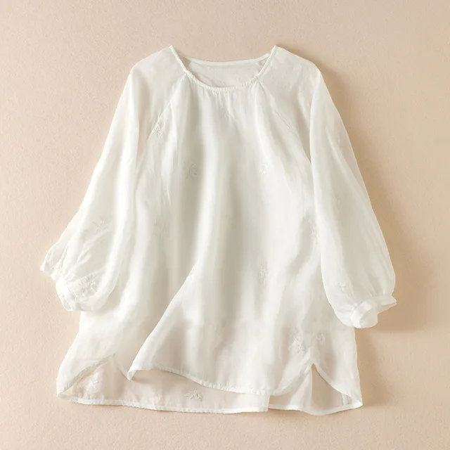 Cotton And Linen Thin Embroidery Loose Shirt White - Shop at LoveMi