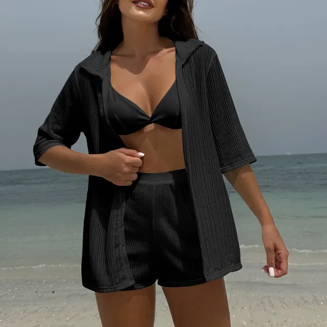 Solid Color Beach Sun Protection Gauzy Shirt Shorts Four piece Swimsuit Black - Shop at LoveMi