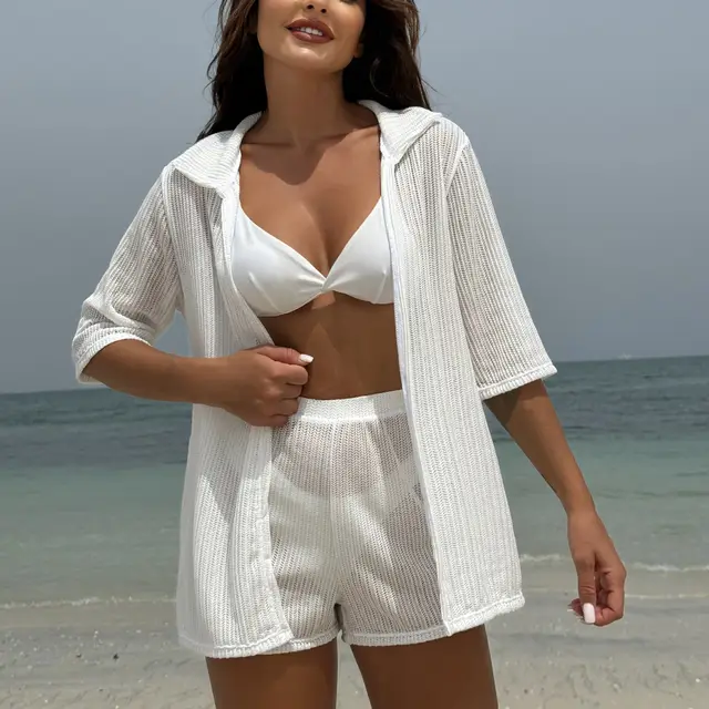 Solid Color Beach Sun Protection Gauzy Shirt Shorts Four piece Swimsuit White - Shop at LoveMi