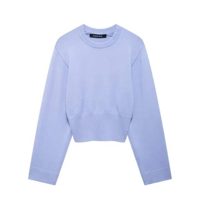 Women's Ribbed Wide Sleeve Round Neck Long Sleeve Sweater Blue - Shop at LoveMi