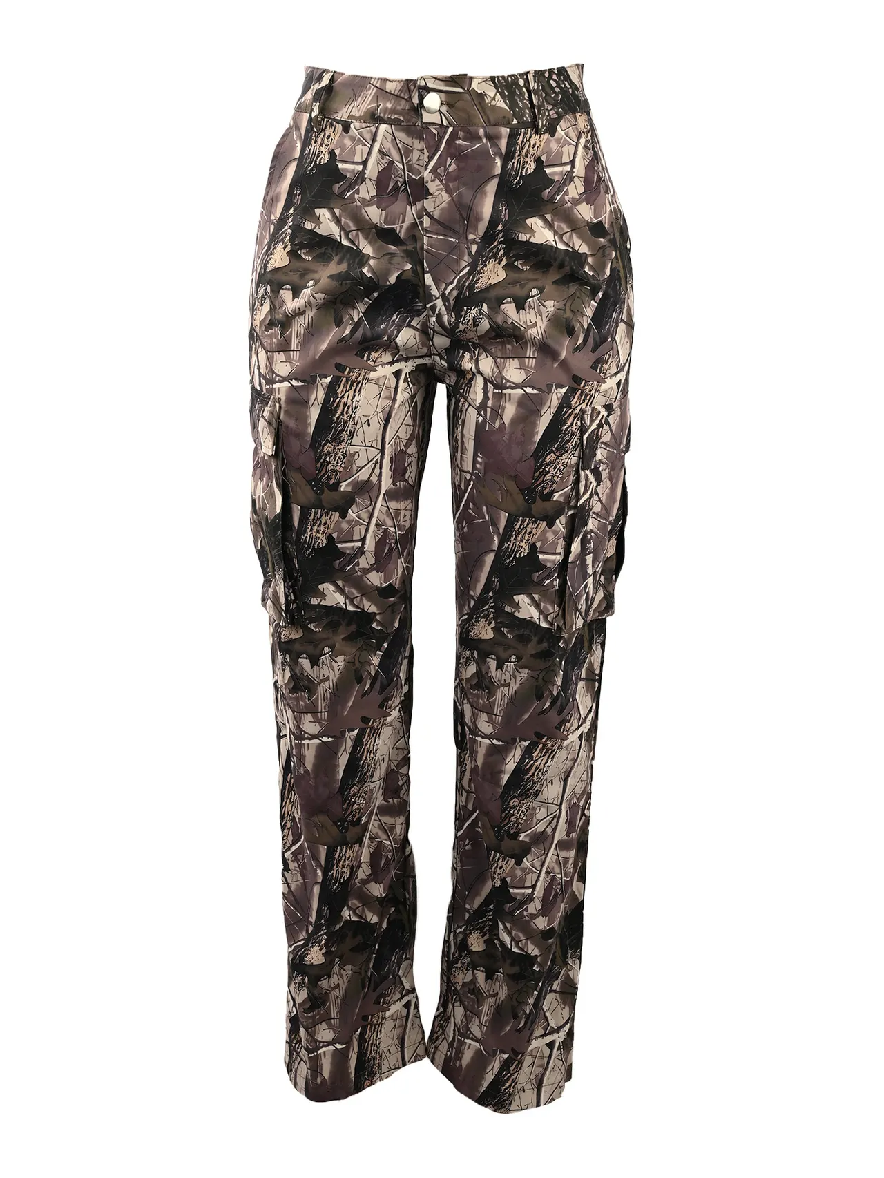 Leaf Print Straight High Waist Pocket Multi-color Overalls - Camel