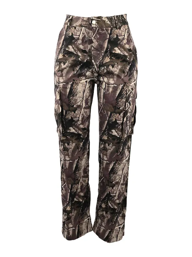 Leaf Print Straight High Waist Pocket Multi color Overalls Camel - Shop at LoveMi