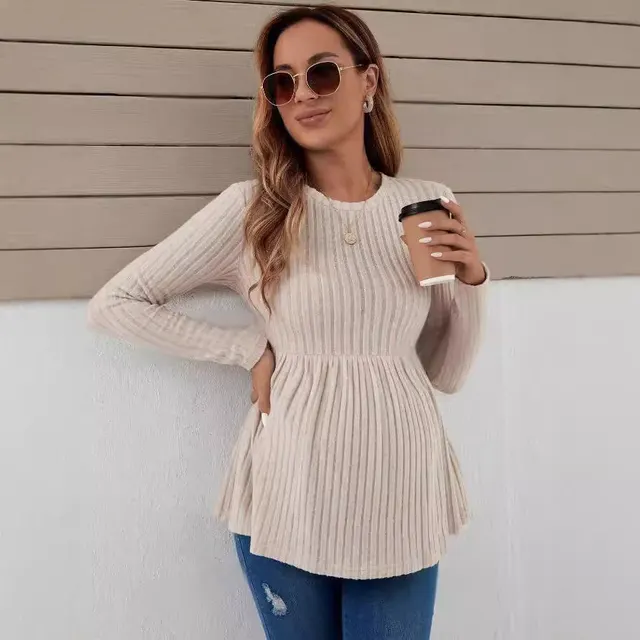 Long Sleeve Maternity Top Solid Color Pullover T shirt Apricot - Shop at LoveMi