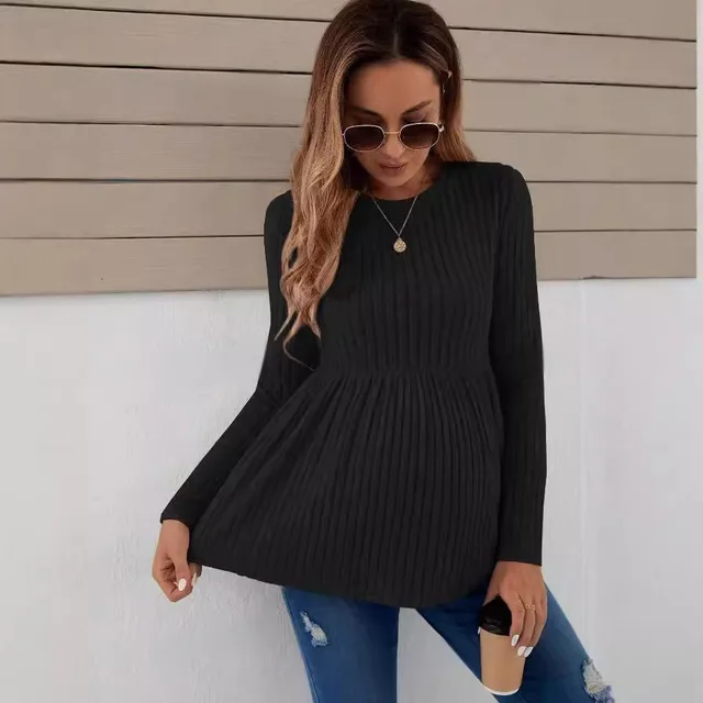 Long Sleeve Maternity Top Solid Color Pullover T shirt Black - Shop at LoveMi
