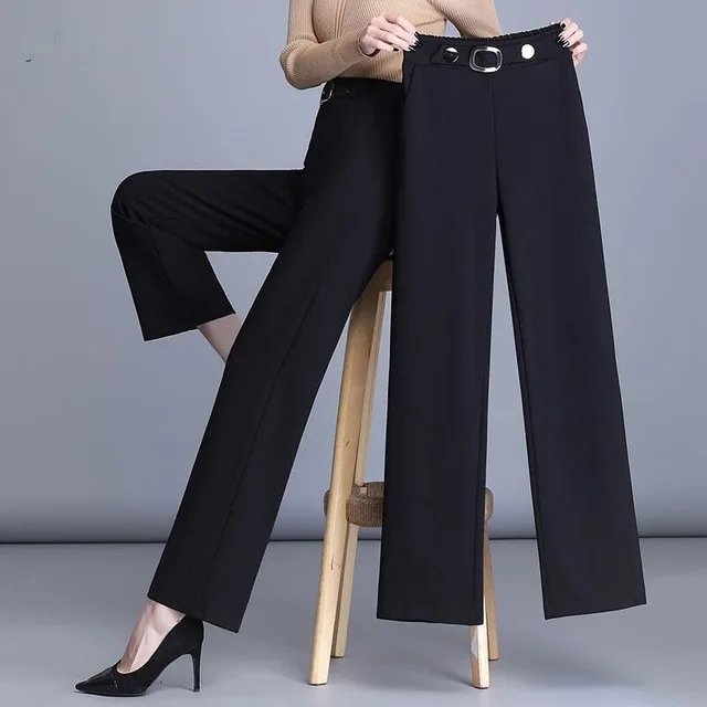 High Waist Plus Size Wide Leg Pants Casual Straight Trousers Black Cropped Pants - Shop at LoveMi