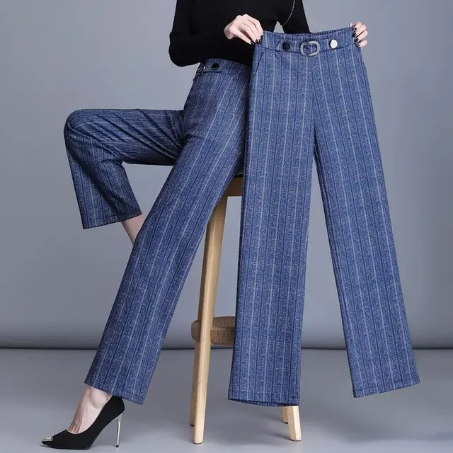 High Waist Plus Size Wide Leg Pants Casual Straight Trousers Blue Cropped Pants - Shop at LoveMi