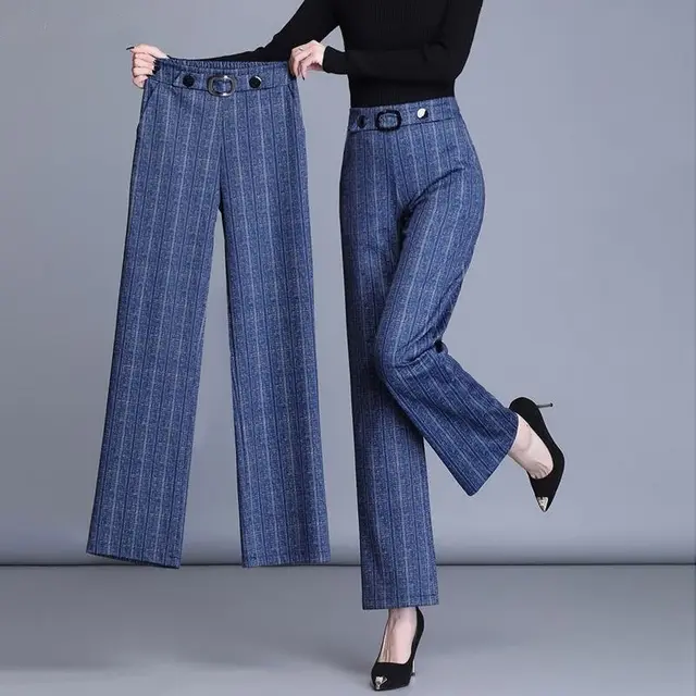 High Waist Plus Size Wide Leg Pants Casual Straight Trousers Blue Trousers - Shop at LoveMi