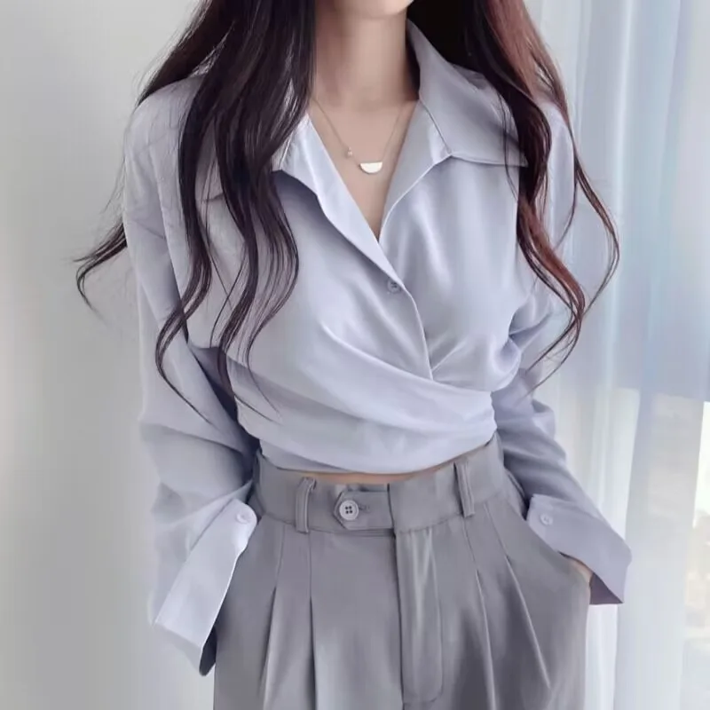 Waist tight Slimming Lace up Single breasted Short Shirt Light Blue - Shop at LoveMi