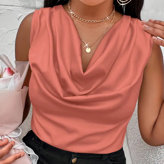 Elegant Pile Collar Satin Plus Size Sleeveless Vest Coral Pink - Shop at LoveMi