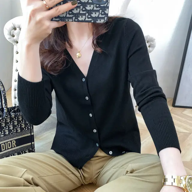 Cardigan V neck Sweater Loose Bottoming Sweater Black - Shop at LoveMi