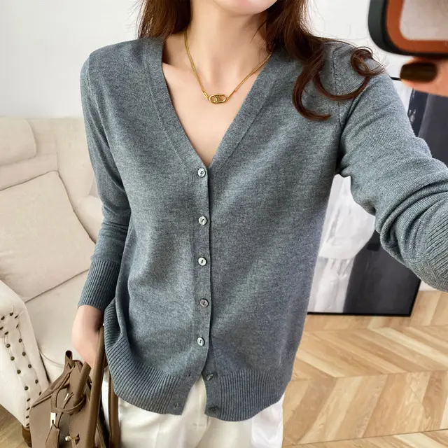 Cardigan V neck Sweater Loose Bottoming Sweater Gray - Shop at LoveMi