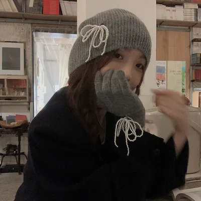 Wool Pearl Bow Finger Gloves Pearl Pendant Hat Macaron Color Rabbit Fur Dark Gray Gloves - Shop at LoveMi