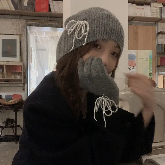 Wool Pearl Bow Finger Gloves Pearl Pendant Hat Macaron Color Rabbit Fur Dark Gray Gloves - Shop at LoveMi