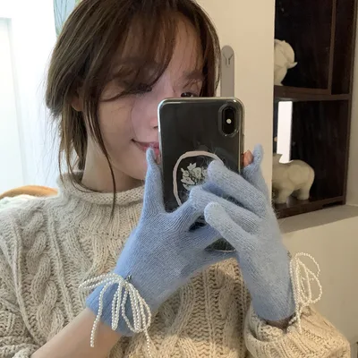 Wool Pearl Bow Finger Gloves Pearl Pendant Hat Macaron Color Rabbit Fur Light Blue Gloves - Shop at LoveMi