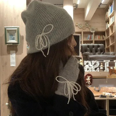 Wool Pearl Bow Finger Gloves Pearl Pendant Hat Macaron Color Rabbit Fur Light Gray Hat - Shop at LoveMi