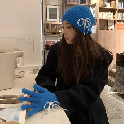 Wool Pearl Bow Finger Gloves Pearl Pendant Hat Macaron Color Rabbit Fur Navy Blue Gloves - Shop at LoveMi