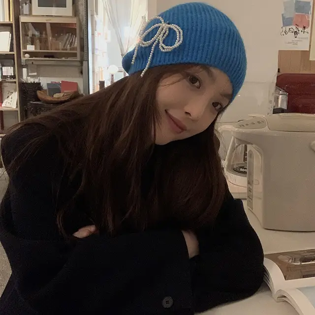 Wool Pearl Bow Finger Gloves Pearl Pendant Hat Macaron Color Rabbit Fur Navy Blue Hat - Shop at LoveMi