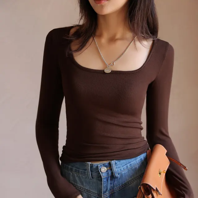 Top Long Sleeve Inner Wear Korean Slim Fit Brown - Shop at LoveMi