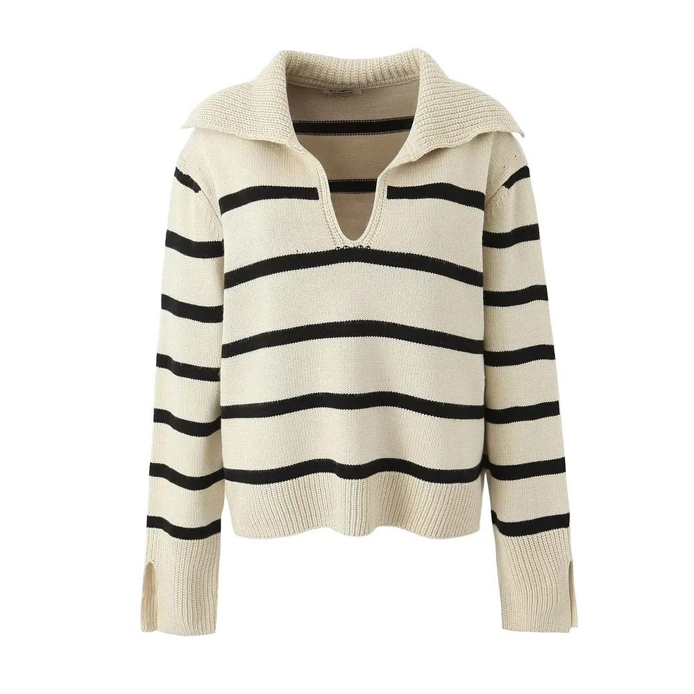 Women's Loose Casual Large Lapel Striped Long Sleeve Sweater - Apricot