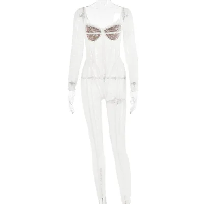 Lace Stitching Sexy Temptation Low cut Jumpsuit White - Shop at LoveMi