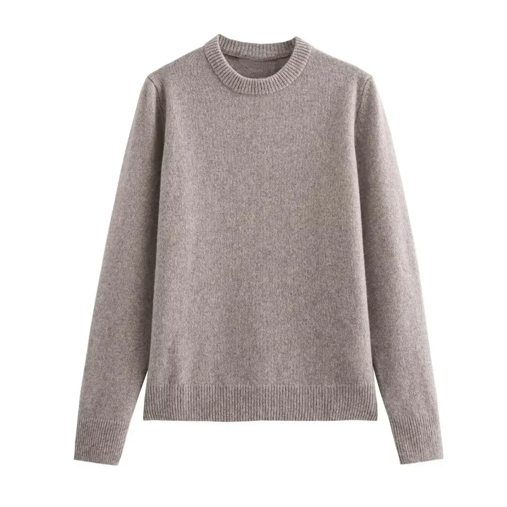 Casual Simple Round Neck Pullover Long Sleeve Sweater - Gray Coffee Color