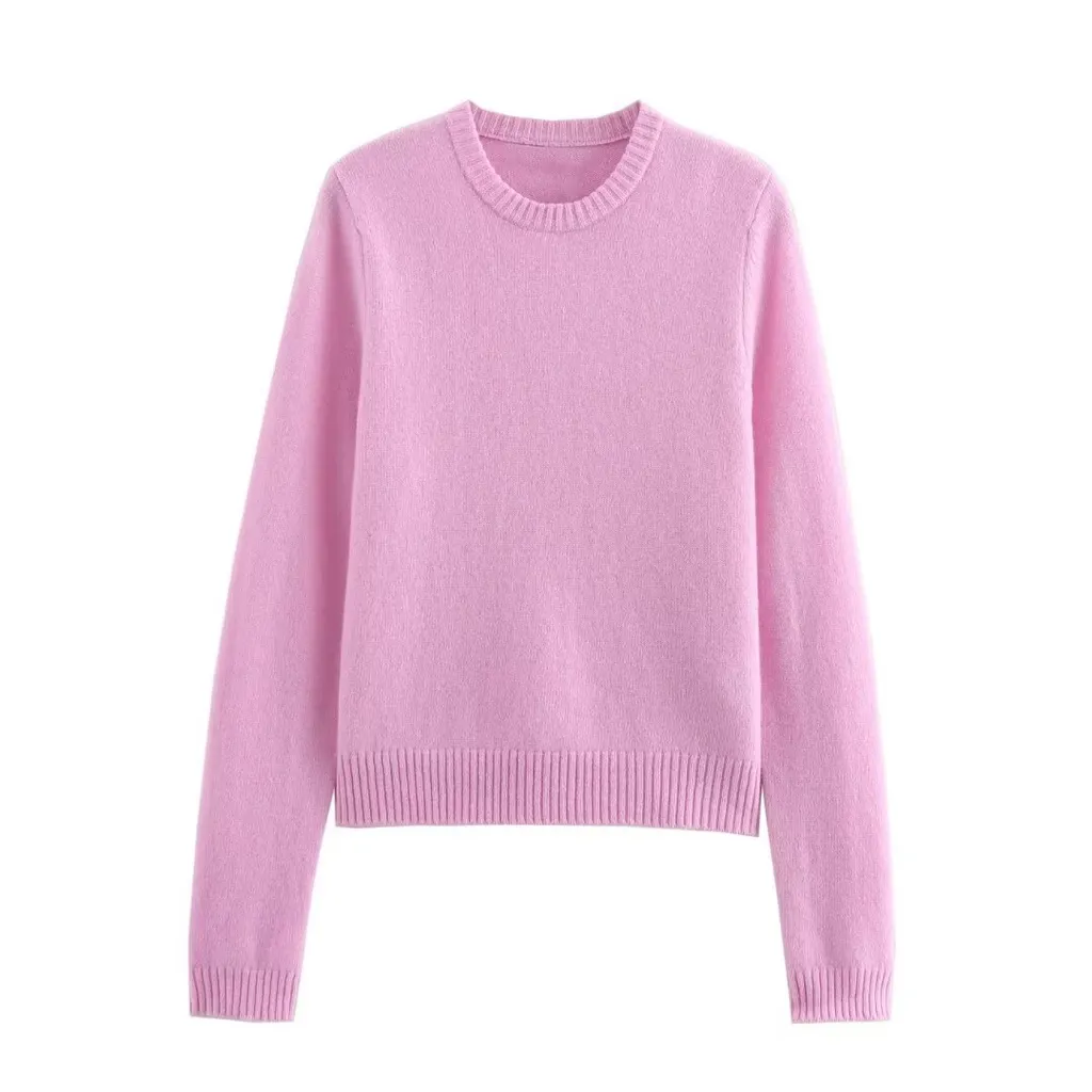 Casual Simple Round Neck Pullover Long Sleeve Sweater - Pink