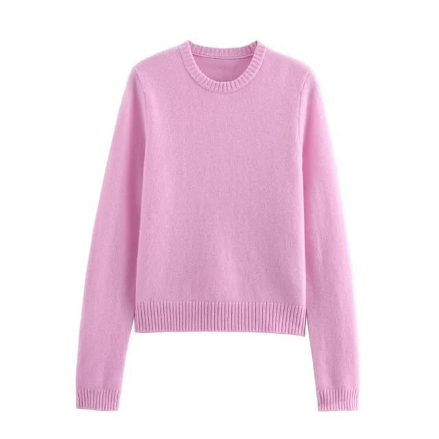 Casual Simple Round Neck Pullover Long Sleeve Sweater Pink - Shop at LoveMi