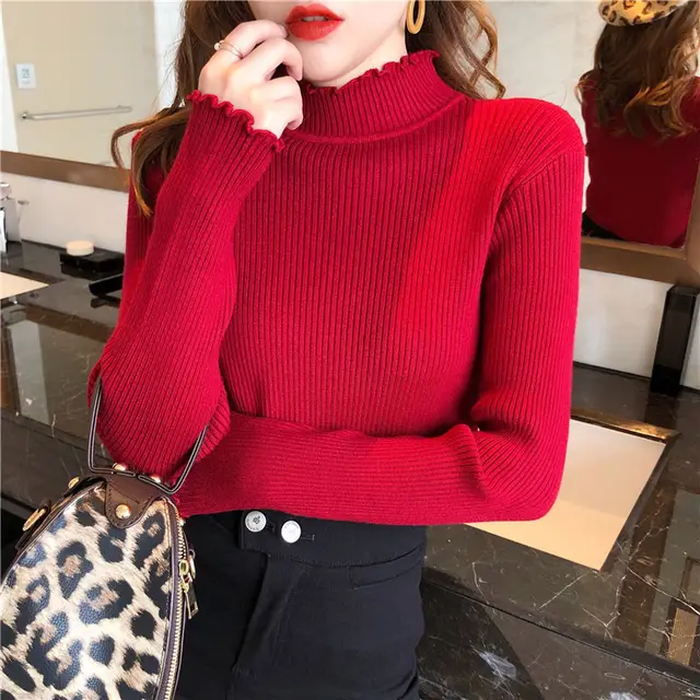 Ruffled Half high Collar Long Sleeves Knitwear Wine Red - Shop at LoveMi