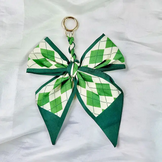 Camellia Silk Scarf Bow Keychain Pendant Green Plaid - Shop at LoveMi