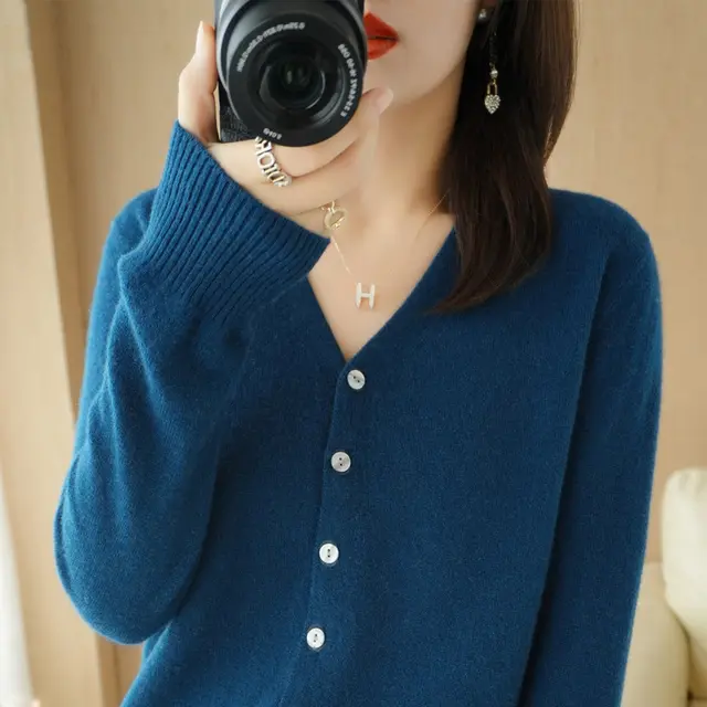 Cardigan V neck Sweater Loose Bottoming Sweater Seaweed Blue - Shop at LoveMi