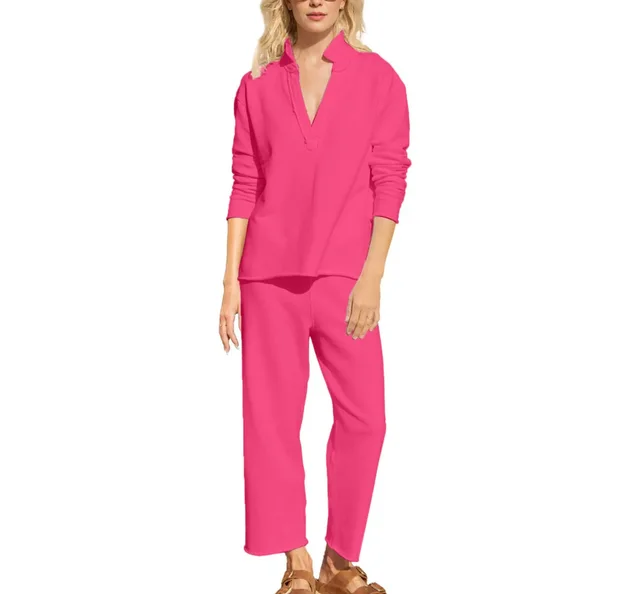 Fashion Women's Long sleeved Pullover Wide Leg Pants Suit Rose Red - Shop at LoveMi