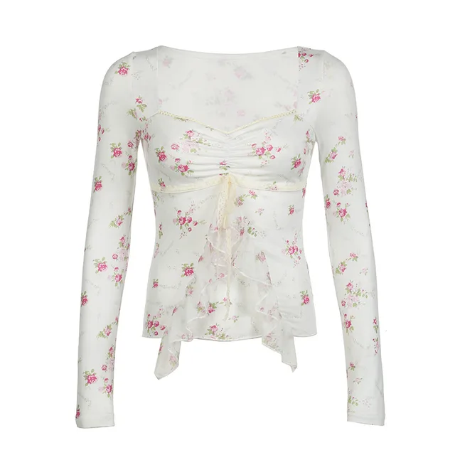 Lace Lace up Slimming Girl Blouse Short White Long Sleeve - Shop at LoveMi