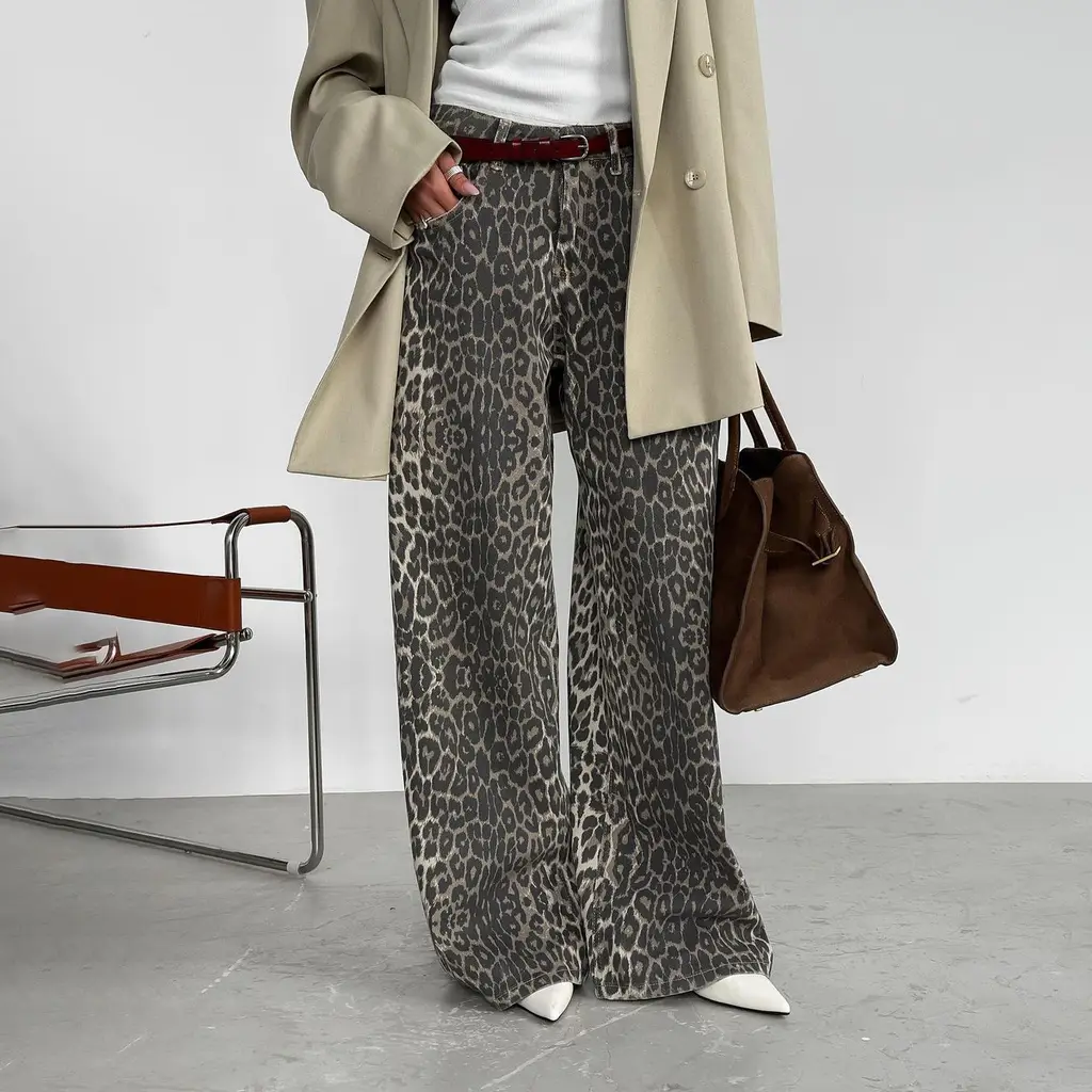 Elegant Loose Slim High Street Leopard Jeans - Leopard Print