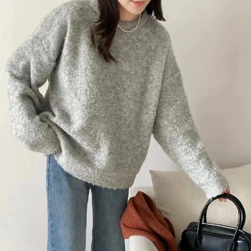 Knitted Pullover Sweater Women's Wide Round Neck Long Sleeve Sweater - Green Grey