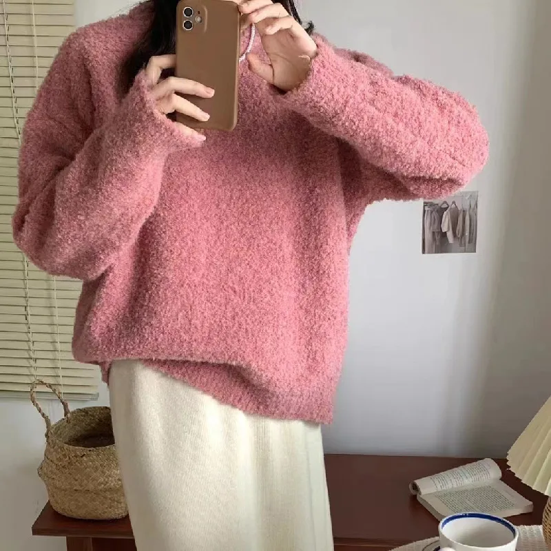 Knitted Pullover Sweater Women's Wide Round Neck Long Sleeve Sweater - Raspberry Powder