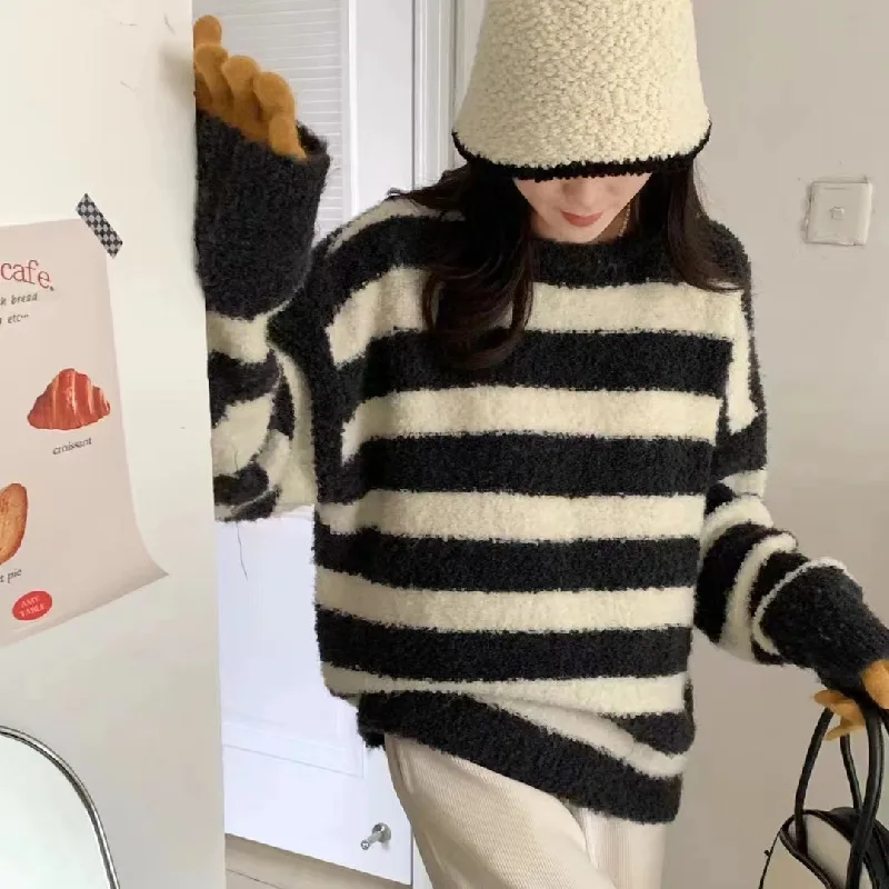 Knitted Pullover Sweater Women's Wide Round Neck Long Sleeve Sweater - Stripes - View 1