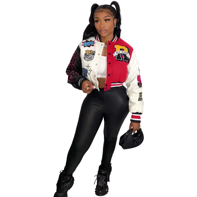 Color Block Press Button Fashion Printed Double Layer Jacket Red White - Shop at LoveMi