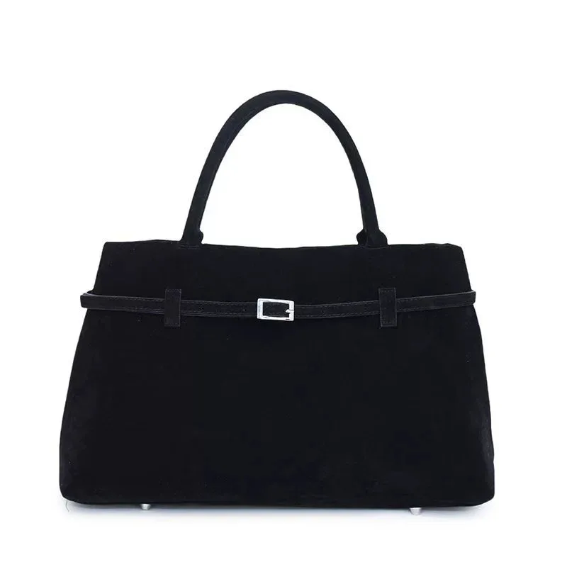 Decorative Design Solid Faux Suede Handbag Large Capacity Casual Tote Bags For Women Tote Design Portable Shoulder Bag - Black