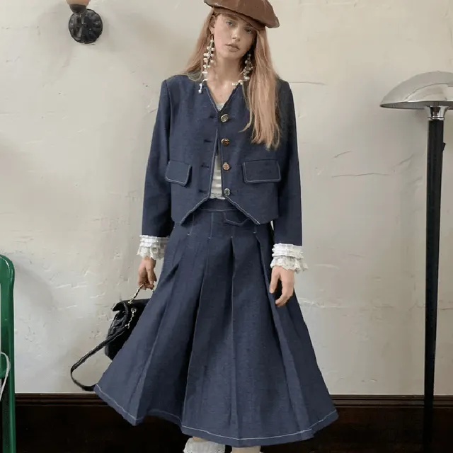 Dark Blue Denim Coat Skirt Suit Dark Blue - Shop at LoveMi