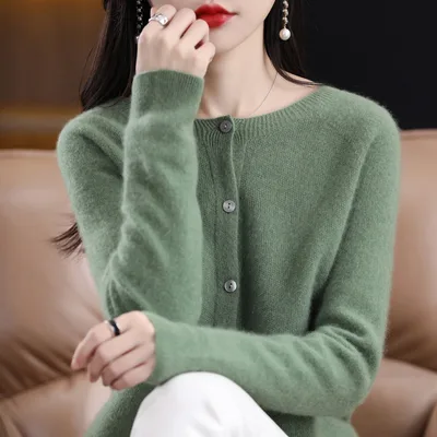 Women's Cashmere Cardigan O neck Loose Sweaters Top Fashion Merino Wool Knitwear Autumn Winter Female Clothing Tops Pine Green - Shop at LoveMi
