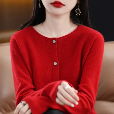 Women's Cashmere Cardigan O neck Loose Sweaters Top Fashion Merino Wool Knitwear Autumn Winter Female Clothing Tops Red - Shop at LoveMi