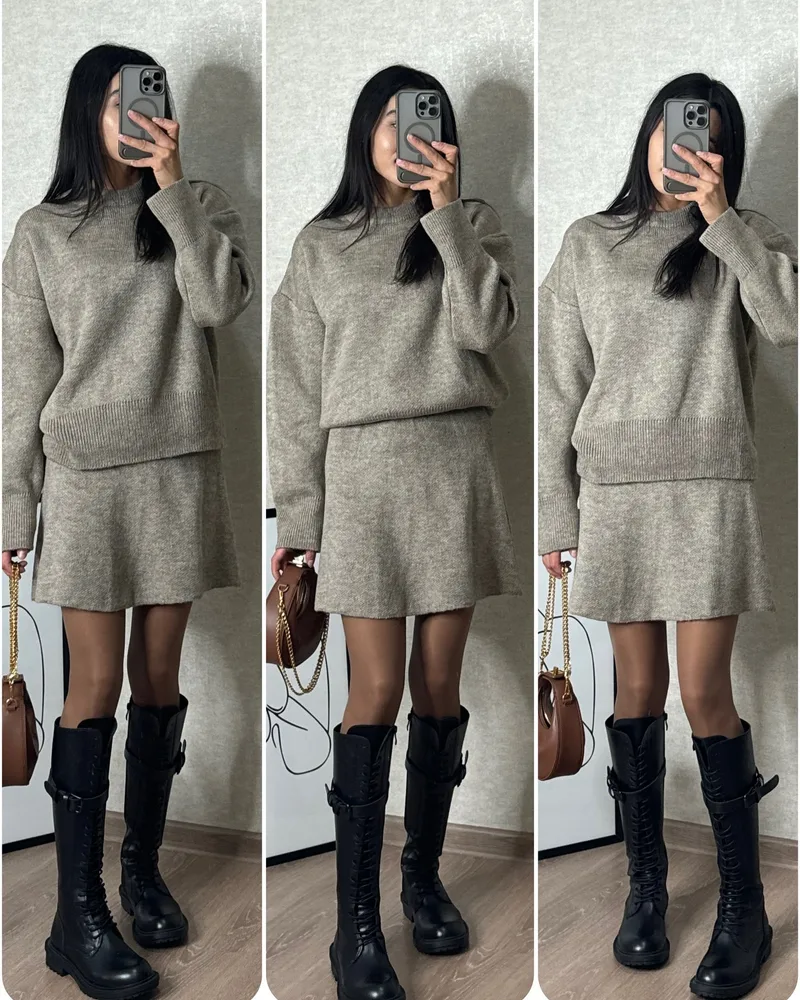 Sweater Skirt Sets For Women Knit Casual Versatile Long Sleeve Pullover Elegant Solid High Waist Mini Skirt Outfit - Light Gray