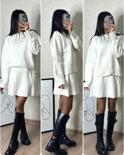 Sweater Skirt Sets For Women Knit Casual Versatile Long Sleeve Pullover Elegant Solid High Waist Mini Skirt Outfit White - Shop at LoveMi
