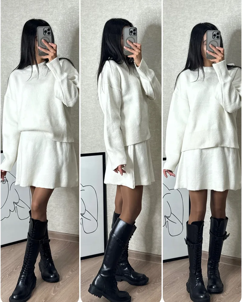 Sweater Skirt Sets For Women Knit Casual Versatile Long Sleeve Pullover Elegant Solid High Waist Mini Skirt Outfit - White