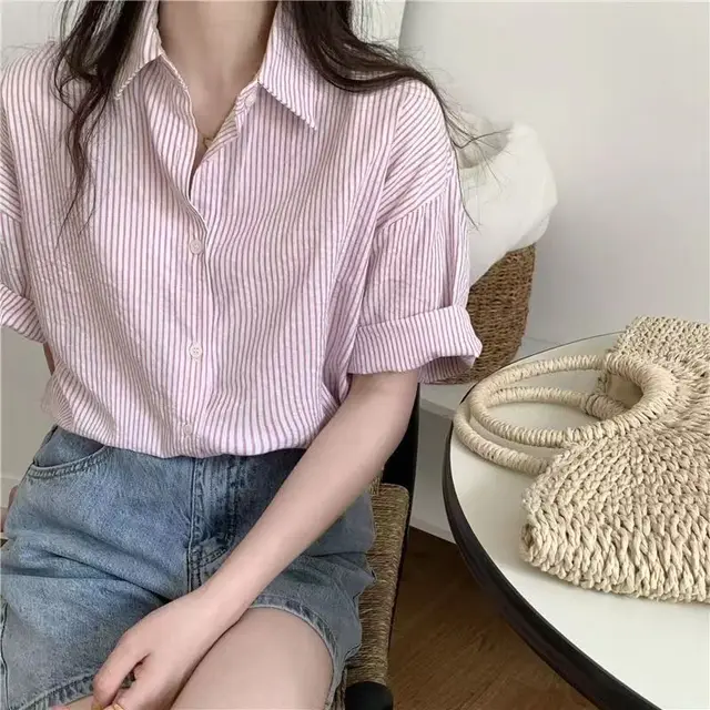 Women's Short sleeve Blue Striped Shirt Pink - Shop at LoveMi